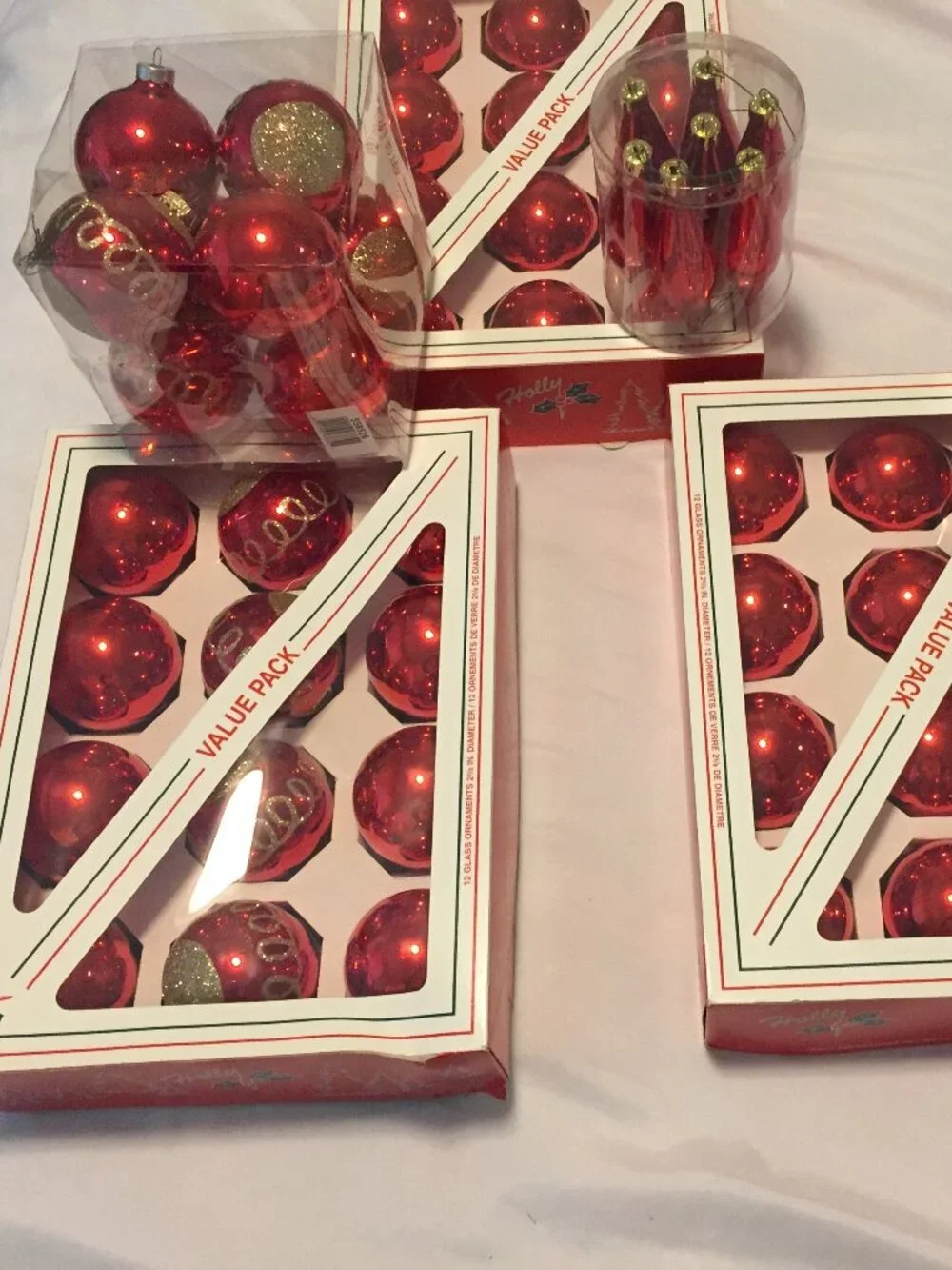 Red Shatterproof Christmas Ornaments Lot As Shown Matching Gold Glitter Teardrop
